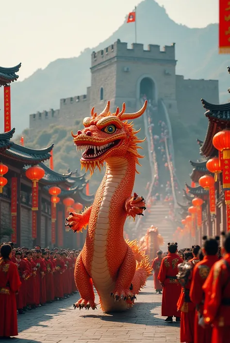 chinese dragon performance puppet show procession, great wall china background, 8k ultra hd realistic