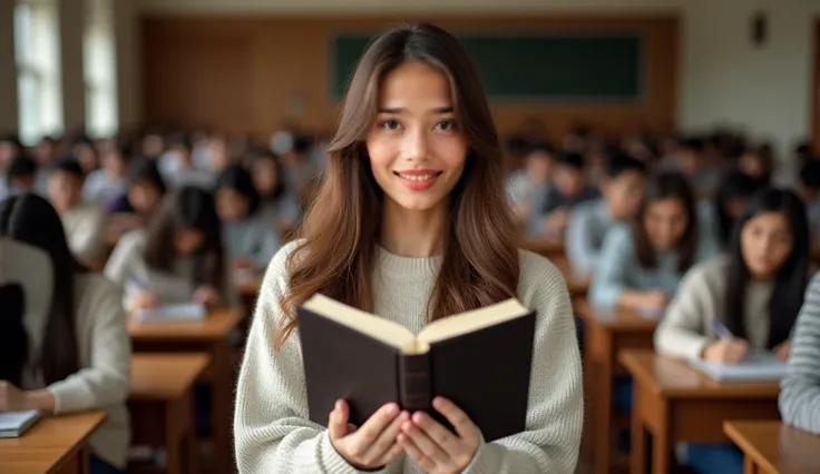 The image is a shot from inside a classroom or lecture hall. The focus is on a young woman showing the cover of an open book , sitting in the foreground, with rows of other students visible in the background.

foreground:

1.   young woman :
       She is ...