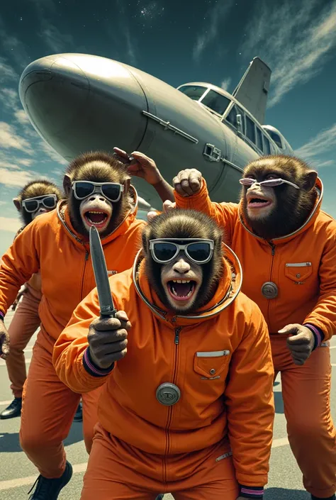 A group of monkeys smiling wearing black sunglasses and a Orange old space suit holding in the right hand a sharp knife and in the background a spaceship flying 