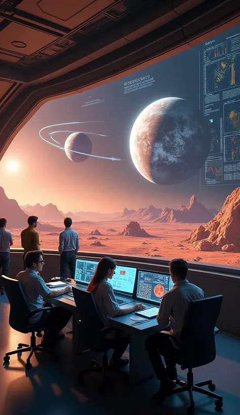 Both moons could hold clues about how Mars formed and its early environment. A research station near Mars studying Phobos and Deimos, with data and visuals of the moons on high-tech displays.