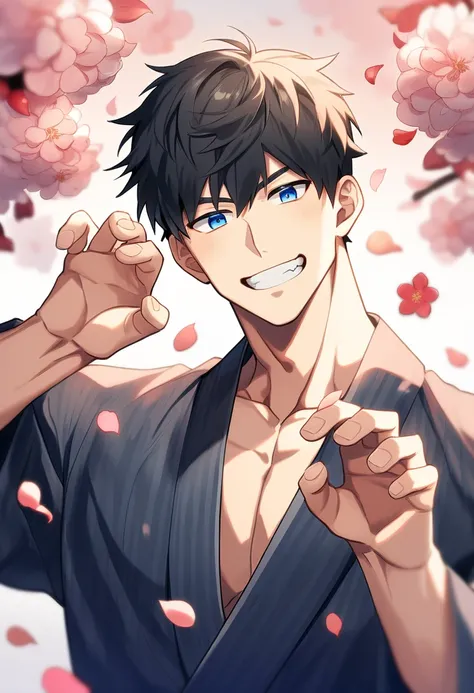 1boy, male focus, japanese clothes, yukata, muscular male, muscular, paw pose, solo, looking at viewer, grin, black hair, blue eyes, short hair, flower, petals, best quality, amazing quality, best aesthetic, absurdres, year 2023