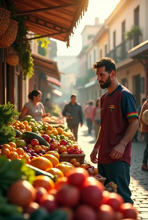 Leo messi selling vegetables on the village market 