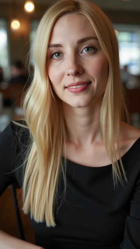 This is a beautiful  closeup photograph of a woman, she has long straight blonde hair and dark blue eyes.  Wearing a form fitting  boatneck dress,  Sitting in a cafe. Flirting at the viewer. Smile, Captured with a Sony A7R IV camera and a 50mm f/1.2 G Mast...