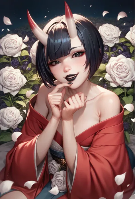  16k, massive Details, (())), one Girl with two Oni horns in fair white like human skin , she got black sclera , black lipstick , kurze schwarze Haare , Sharp Bob cut, night Rose , completely black eyes, 5 Finger pro Hand , (perfekter Körper) , sitting in ...