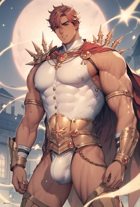 a gallant muscular knight with micro ornate silver and gold armor placed on his body, he has a huge very large bulge, wears a red cape, has a tiara, very masculine, strong masculine features, muscular, tanned, vibrant color grading, best quality, dramatic ...