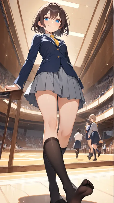 1girl, Best Quality, Very detailed,Ultra-high resolution,  (smile, Kind eyes, blue eyes), small breasts, slender, {dark brown hair, Short Hair, waved hare}, ((short twin tail:1.2)), ((low twin tail:1.2)), Student Uniform, {dark blue blazer, White shirt, ye...