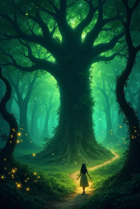 Green magical forest, with a big tree in the middle lingering green lights and fireflie