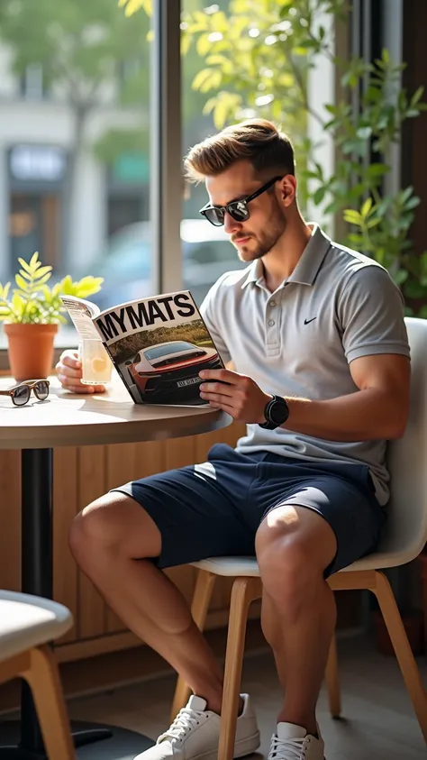 A hyper-realistic photograph of a handsome man with sun-kissed features and a confident, relaxed demeanor, sitting in a chic, modern café by a large open window. Outside, a vibrant summer day unfolds, with bright sunlight, lush greenery, and a hint of bust...