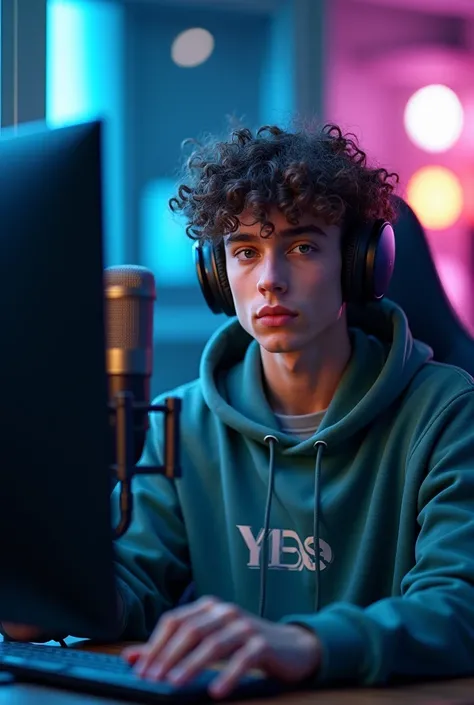 A 23-year-old boy with a handsome face and curly hair is sitting on a computer gaming chair in front of a large microphone inside a digital room.