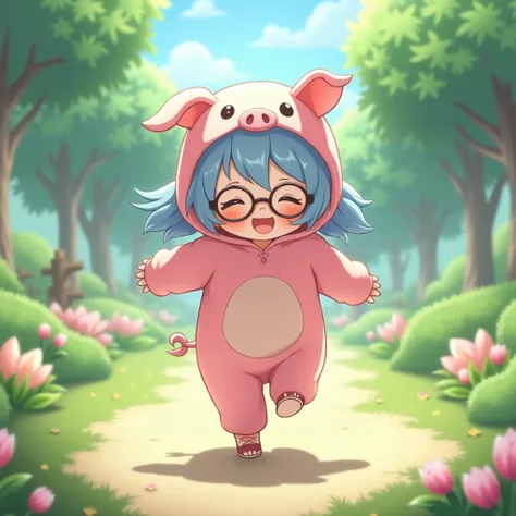  cute anime、Fat girl 、 light blue hair with a slender body、Black Glasses、 is wearing a pink pig costume、The girl who is skipping 、Park Background