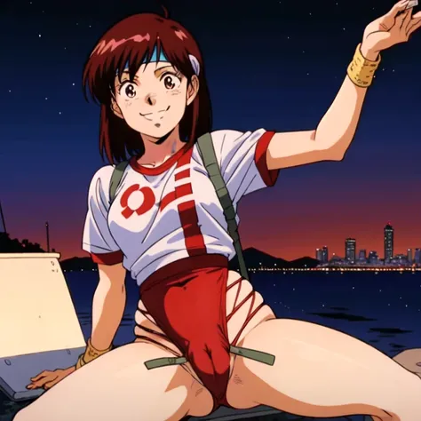 Masterpiece, best quality ,Alone,
 watching viewers with the harbor at night in the background ,smile, open your mouth,
norikotakaya, 1 girl in the bush,
  medium hair with visible tattoos , tea hair, brown eyes,
 headbands ,
Short sleeve,Leotard underwear...