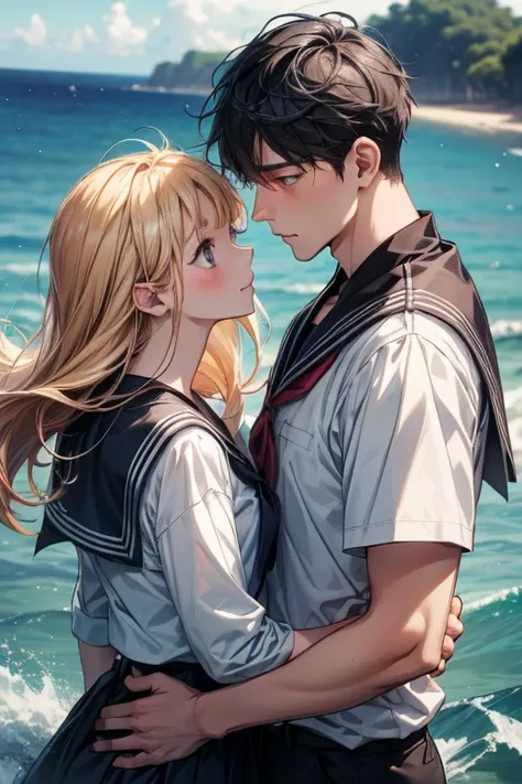 anime couple, boy and girl, looking at each other, wearing sailor clothes,  beautiful sea background, detailed face and eyes and body, make 4k and 8k images