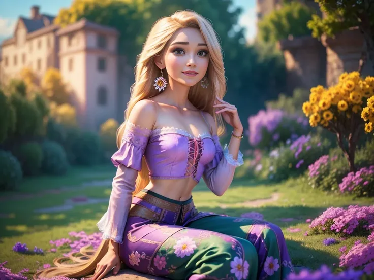 Rapunzel, 1girl, solo, looking at viewer, smile, shirt, bare shoulders, jewelry, sitting on a spring, full body, flower, earrings, pants, off shoulder, crop top, makeup, bird, border, sun, mid day, off-shoulder shirt (realistic:1.2), (realism), (masterpiec...