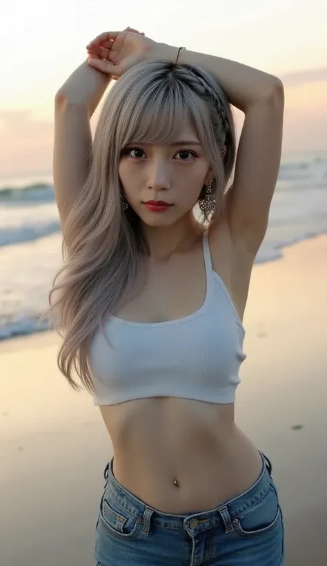 1girl, slender body, beautiful skin, full body, (best quality,4k,8k,highres,masterpiece:1.2),ultra-detailed,(realistic,photorealistic,photo-realistic:1.37), removed leather jacket, topless, small breasts, jeans, beach, smiling, flowing gray hair, arms rais...