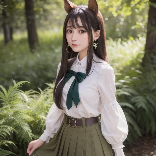  1 girl in the bush, Alone, Uma Musume,   horse girl ,  horse ears,  Horsetail,  brown eyes,  tea hair,  long hair, thin笑顔, earrings,  ruffle skirt ,  green skirt,   high waist skirt,  Puff Sleeve , thin, slender, ( Japanese :0.8)