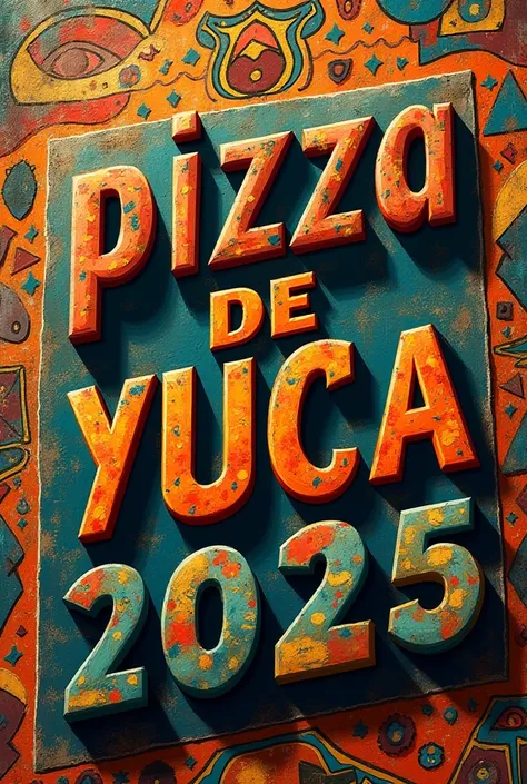 THE PHRASE "PIZZA DE YUCA 2025 "  in monumental letters painted with colorful African motifs