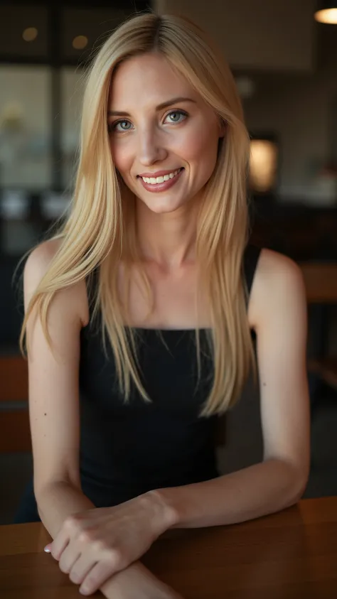 This is a beautiful  closeup photograph of a woman, she has long straight blonde hair and dark blue eyes.  Wearing a form fitting  boatneck dress,  Sitting in a cafe. Flirting at the viewer. Smile, Captured with a Sony A7R IV camera and a 50mm f/1.2 G Mast...