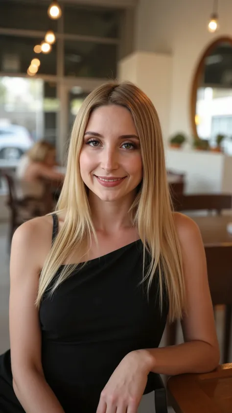 This is a beautiful  closeup photograph of a woman, she has long straight blonde hair and dark blue eyes.  Wearing a form fitting  boatneck dress,  Sitting in a cafe. Flirting at the viewer. Smile, Captured with a Sony A7R IV camera and a 50mm f/1.2 G Mast...
