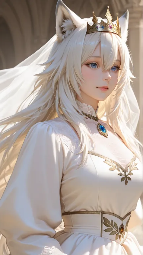  female white wolves,Front eyes attract , Beautiful blue eyes,8k ,Quality images, Realistic detail,Elegant look ,cute, Wear a princess dress like a queen,Crowned,