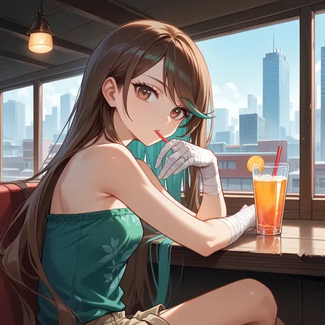  (Masterpiece, best quality), intricate details, JK, highly detailed, intricate details, holding up soft drink, drinking soft drink, close up, from side, ((brown eyes, brown hair, very long hair, hair with teal highlights, long swept bangs)), ((strapless s...