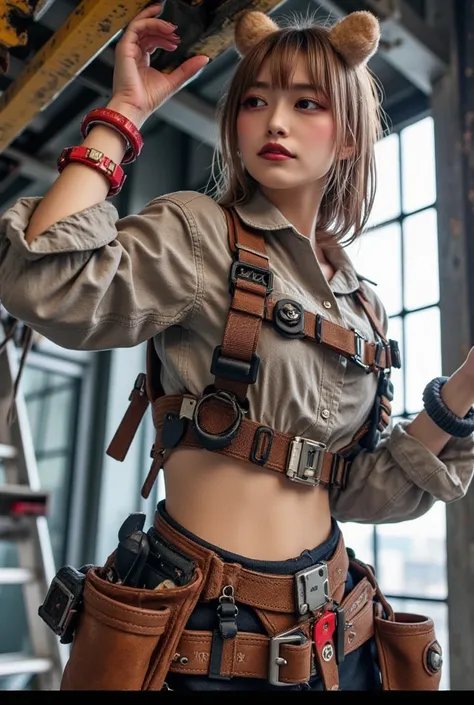 Beautiful woman doing electrical work , stepladder、 tanned leather tool belt with electrician tools、Full Harness、anime