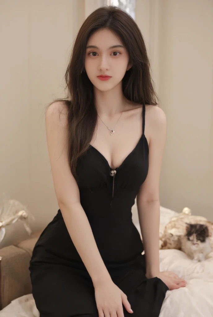  full body photo ， long black hair ， smooth hair， exquisite and perfect facial features ， the most beautiful big eyes ， long eyelashes ， sweet eyes and silkworms ， standing with a smile in a luxurious bedroom ， smooth strapless ，short bandeau hip dress，wit...