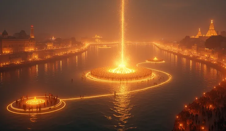 "The scene shows the four sacred cities—Prayagraj, Haridwar, Ujjain, and Nashik—each glowing with divine light, symbolizing their spiritual significance. At the center, the confluence of the Ganga, Yamuna, and Saraswati rivers in Prayagraj is shown, with p...