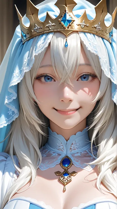  female white wolves,Front eyes attract , Beautiful blue eyes,8k ,Quality images, Realistic detail,Elegant look ,cute, Wear a princess dress like a queen,Crowned,Wear a blue veil,Attractive smile,