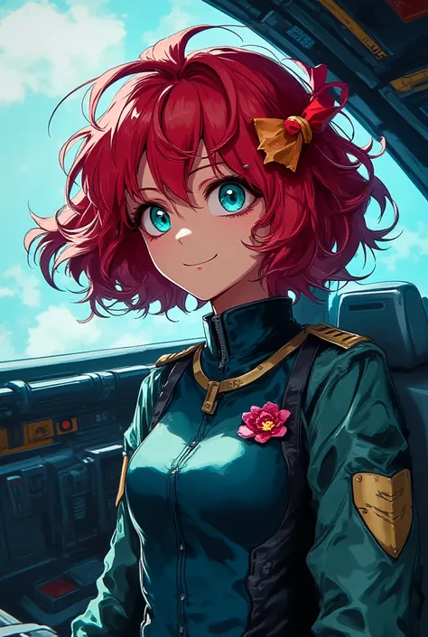  short curly hair that is red and rises above the eyebrows, Short Hair Style, Unworn underwear, glossy bodysuit, The pilot who controls Gundam, A short jacket over it,  full body picture , Gundam pilot sitting inside the cockpit,  turquoise eyes , 20 year ...