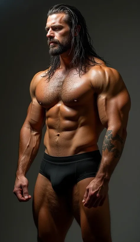 Wet long hair shirtless muscular big pecs six-pack abs bodybuilder buff hunk man with tattoos modeling small tight underwear 