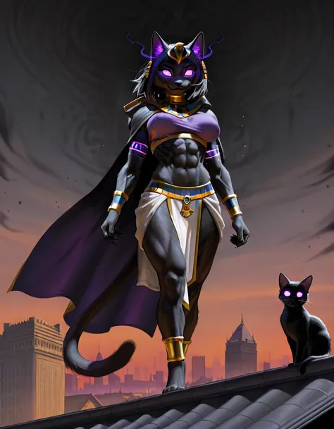 oil painting, photorealistic, no humans, furry, an anthro black cat standing on the roof, skyline of london, hood down,cape, purple bandeau, egyptian clothes, bouncing breasts, (all purple glowing eyes without eyesballs), all black fur, furry female, anthr...