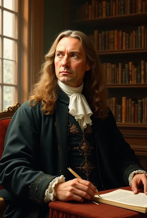 Create a detailed artistic portrait of John Milton, the 17th-century English poet and author of 'Paradise Lost.' Depict him with long wavy hair, wearing elegant 17th-century attire, including a high-collared shirt and a dark doublet. Place him in an ornate...