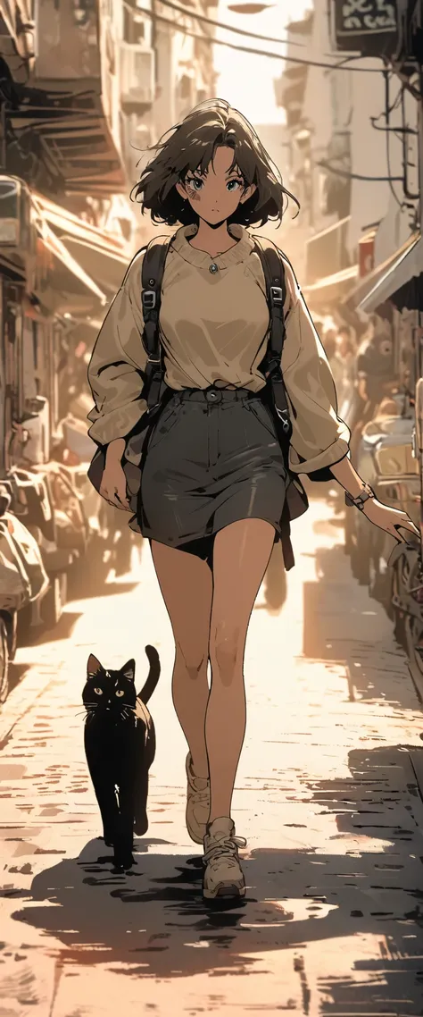  backpack girl and cat walking on a trip， exquisite face ， detailed facial features ，Cartoon accessories ， seaside km ，，Ink Style，Thick coating， 90's film effect ， Grainy 