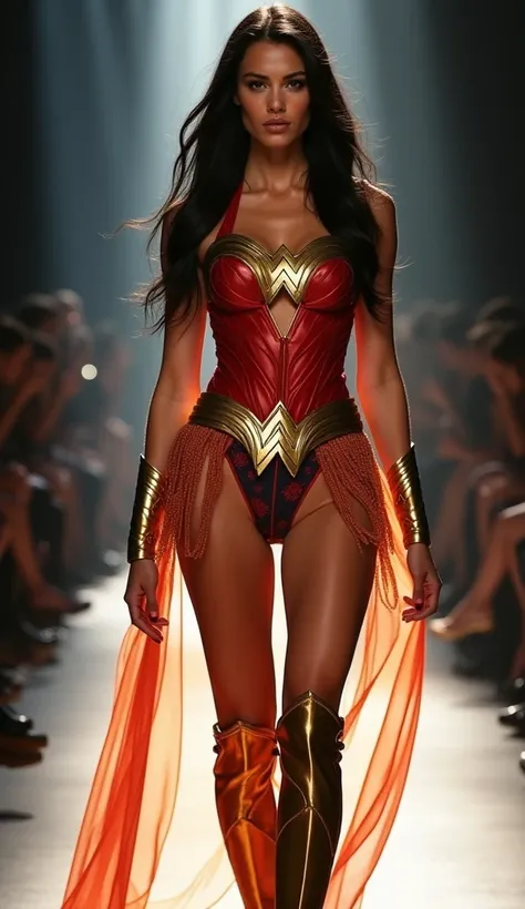 A tall model with glowing tan skin and long black hair styled in loose waves walks confidently down a brightly lit catwalk. She wears a gold satin bustier with a sheer red lace overlay, featuring Wonder Woman’s iconic eagle emblem across the chest. Sheer g...