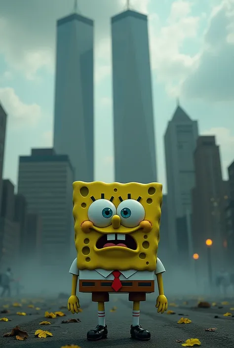 SpongeBob with twin towers in the background 