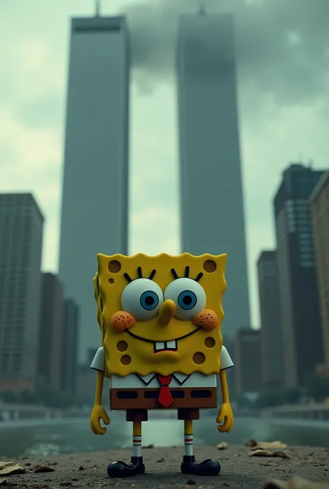 SpongeBob with twin towers in the background 