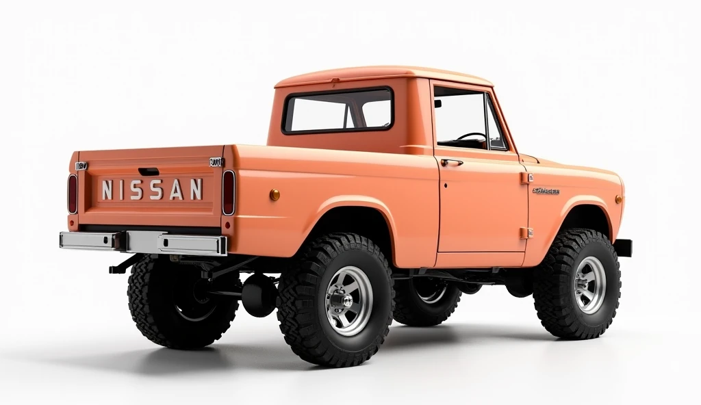 NISSAN PETROL 4×4 1969 model. Crew cabin. Big tyres. Peech colour. Back view. Shiny exterior showroom and clear white background. 