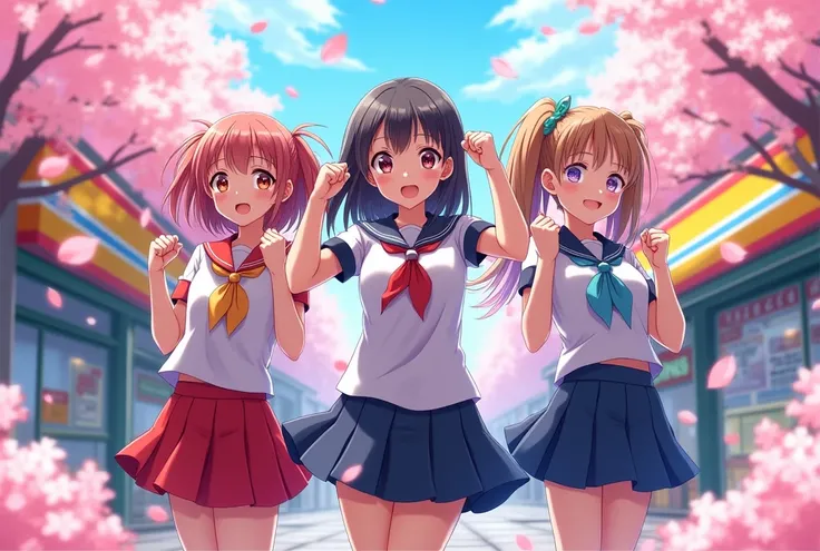 ( 3 cute girls in school uniforms doing fist poses, The background is a lot of pink cherry blossom petals,  anime style,  Ultra Fine, There is 1 convenience store with a horizontal stripe sign with yellow, blue, white, and red lined up from above