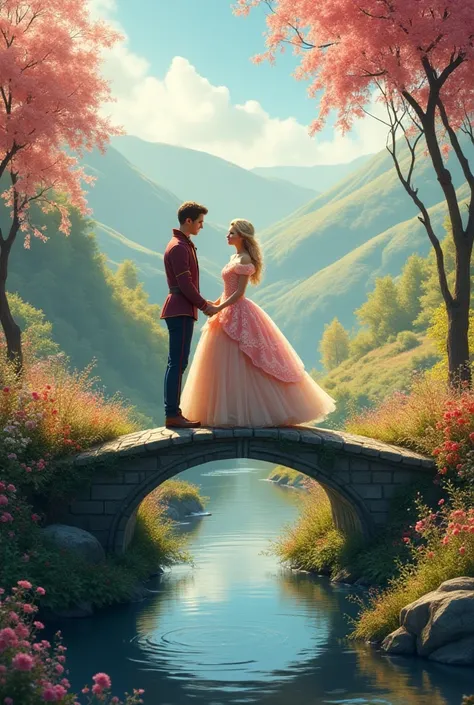 Cinderella and her prince stand on a bridge in a colorful landscape