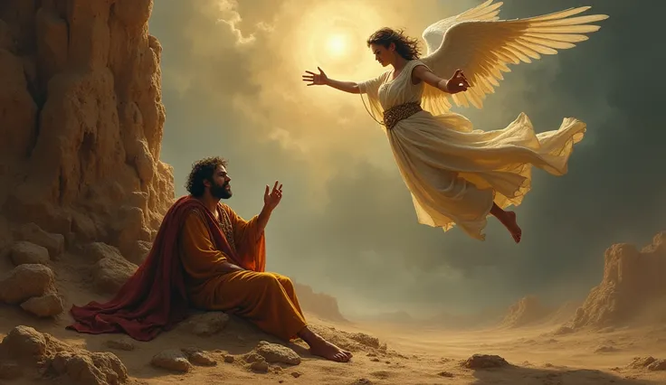 " Ishmael and Hagar being comforted by a divine vision, with an angel transmitting a message of hope . [ An epic biblical image ,  with period details , Painting style oil on canvas]."