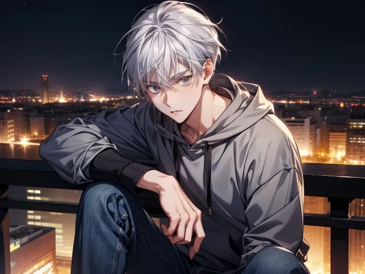 anime boy, silver hair, gray eyes, handsome face, stunning gaze, wearing blue hoodie and jeans, city background at night, detailed face and eyes and body, make 4k and 8k images