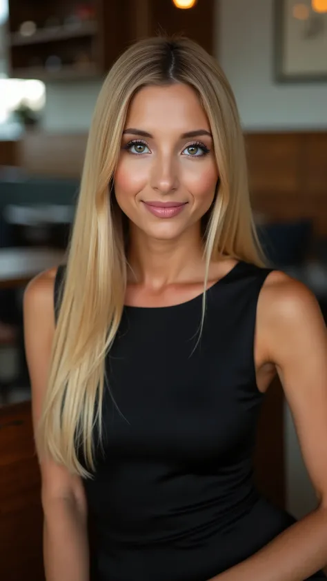 This is a beautiful closeup photograph of a woman, she has long straight blonde hair and dark blue eyes. Wearing a form fitting boatneck dress, Sitting in a cafe. Flirting at the viewer. Smile, Captured with a Sony A7R IV camera and a 50mm f/1.2 G Mast...