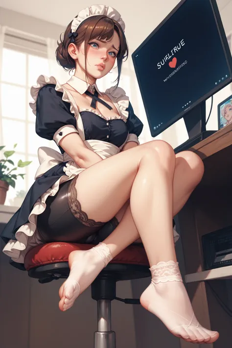 1 woman, Maid,  screen while sitting ,  Wrinkle Socks , Below, sole of the foot, Embarrassed,  Bike Shorts , Puffy Lips ,  wear legs without toes ,  wearing criss-cross lace legs, masterpiece,  top quality,  Uncensored