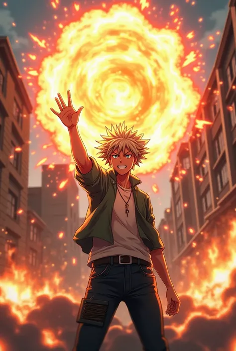 Bakugo , My Hero Academi  , From the front with explosive power in his right hand in the foreground  ,  anime style 