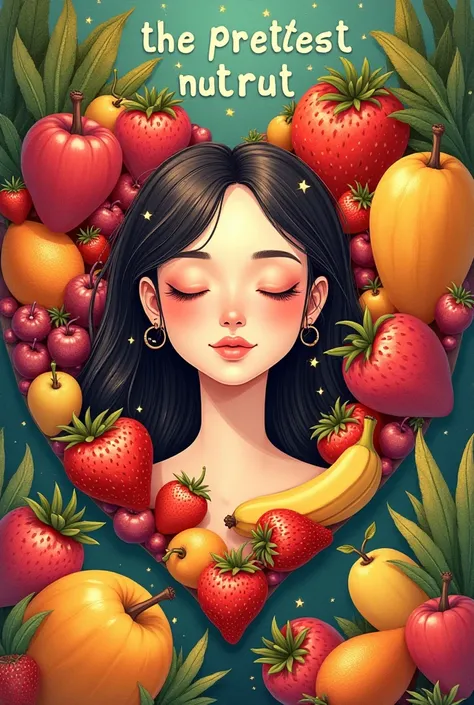 Illustration with various fruits forming a heart and in the middle of the heart a woman and a phrase that says "The prettiest Nutri"