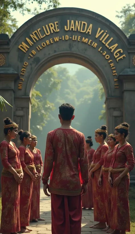 Real picture A Sundanese man in pursuit of eight beautiful Indonesian women there is an archway with the inscription KAMPUNG JANDA village background