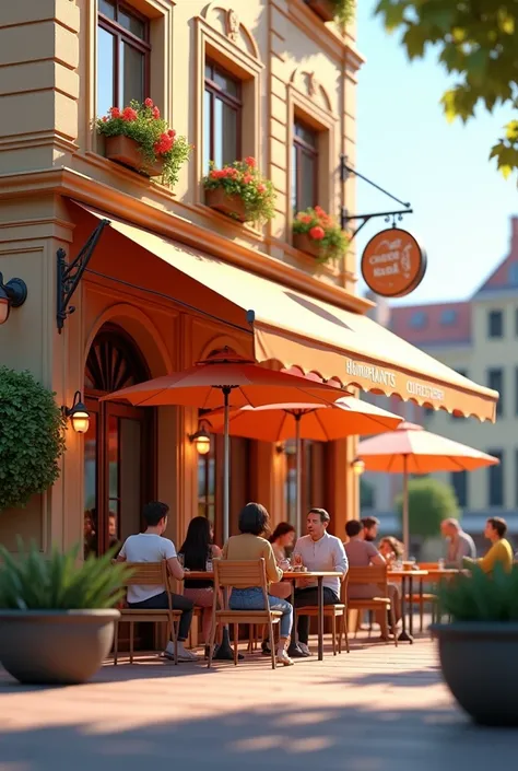 make a coffee hop building with people sat outside. the shop has a shade for customers outside with umbrellas flower boxes. make it a 3d animation model for reference