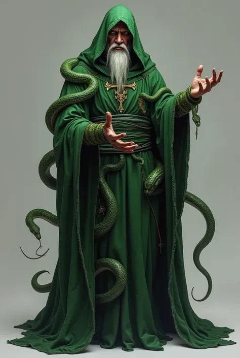 Make a concept art 2d of a dark medieval fantasy priest, the priest wears green clothes, dark green hood, He has green snakes wrapped around his wrist, there are also snakes around his neck, He has big black nails, he has a white mustache and goatee, he ha...