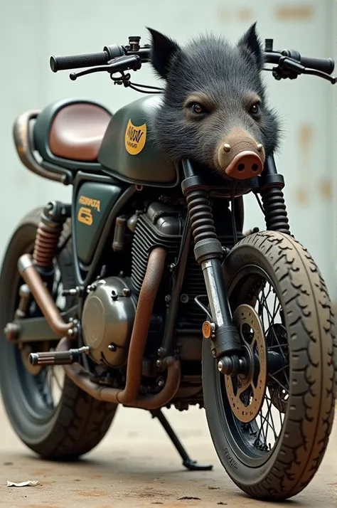 make a Honda CB motorbike and a Fusion boar into one. The gas tank resembles a black boar with a handlebar on top. has classic wheels and fenders from an old school motorbike from the 80s, the motorbike has a rusty carburetor and it doesn't even have a car...