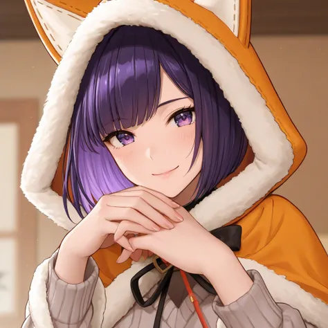 Beautiful woman with purple hair wearing a fox hood, bob cut without bangs 